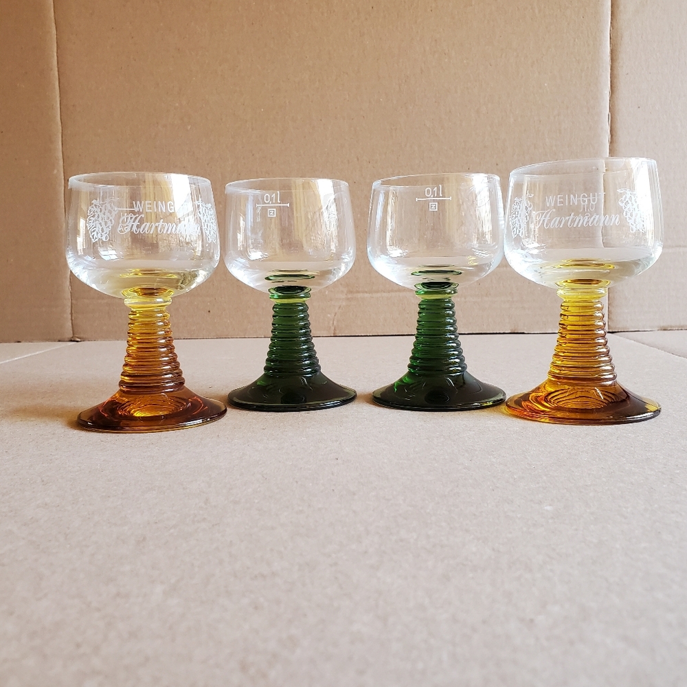 Roemer Beehive Wine Glasses Goblets Green & Amber Stem Set of 4 Weingut Hartmann